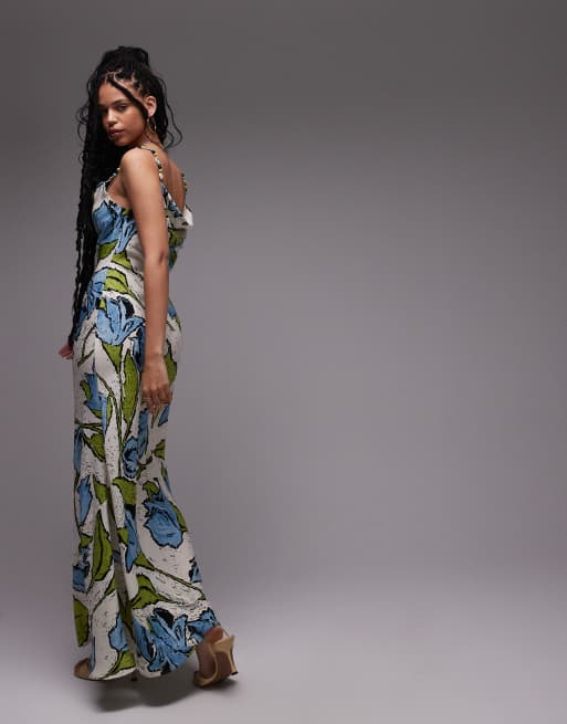 Topshop - Vestito sottoveste midi verde e blu a fiori con scollo ad anello e spalline con perline, 4 di 4