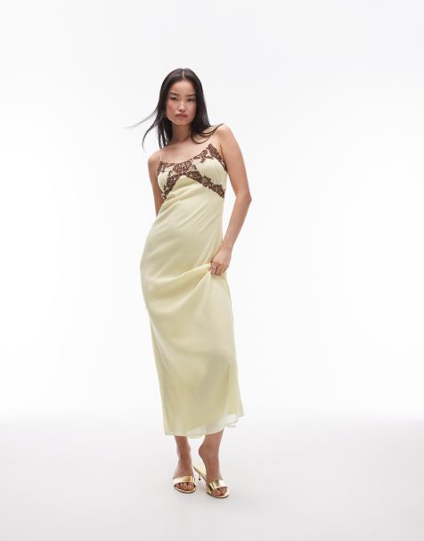 Topshop - Vestito sottoveste midi vintage giallo con inserto in pizzo - view 1