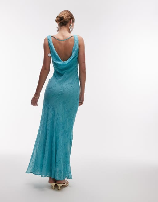 Topshop - Vestito sottoveste premium a doppio strato verde-azzurro con scollo ad anello, perline e dettagli in pizzo, 2 di 4