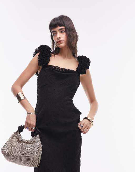 Topshop - Vestito sottoveste premium lungo nero a pois jacquard con volant 3D sulle maniche