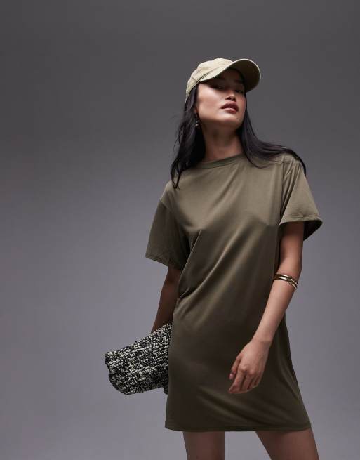 Topshop - Vestito T-shirt corto premium in tessuto cupro kaki super morbido con incrocio sul retro