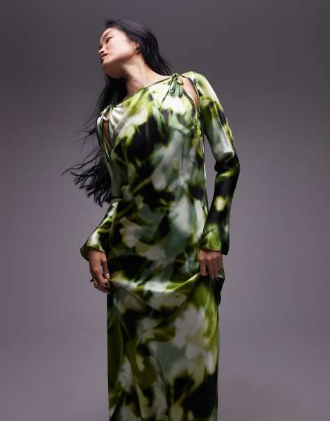Topshop - Vestito verde a fiori con scollo a barchetta e cut-out sul braccio - view 1