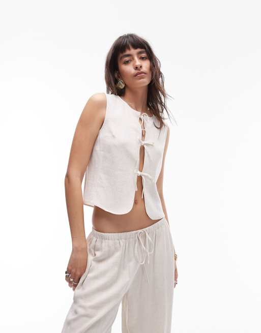 Topshop - Veston d'ensemble noué sur le devant en lin mélangé - Beige