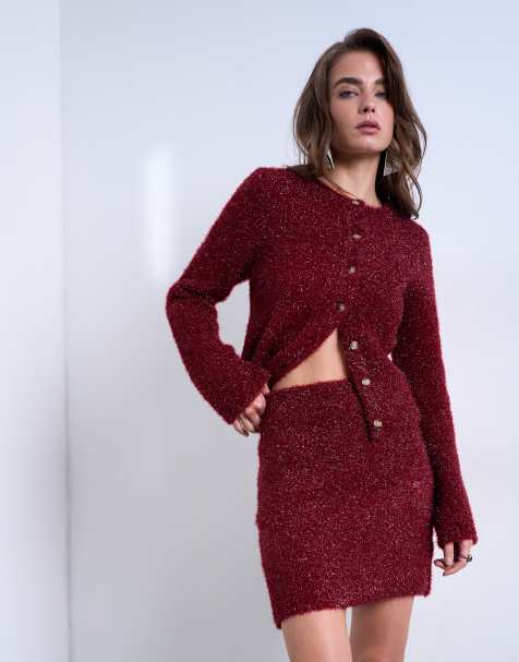 Topshop – Vinröd, glittrig, stickad kjol, del av set - view 1