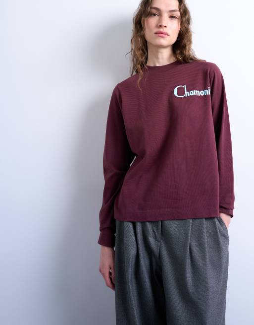 Topshop – Vinröd, långärmad t-shirt med Chamonix-tryck och boxig passform