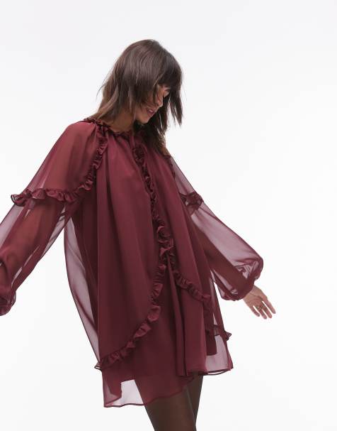 Topshop – Vinröd miniklänning i trapetsmodell med volang - view 1