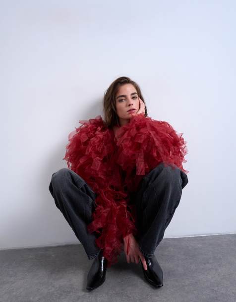 Topshop – Vinröd, stickad kofta i organza med kraftig textur - view 1