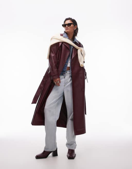 Topshop – Vinröd, strukturerad trenchcoat i läderimitation