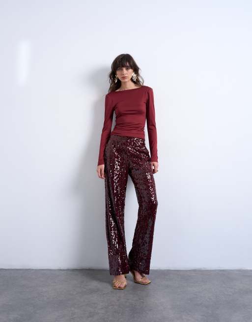 Topshop – Vinröda, figursydda byxor med paljetter, 2 av 5