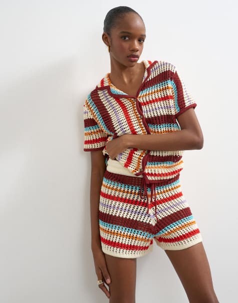 Topshop – Vinröda, randiga, virkade shorts, del av set - view 1