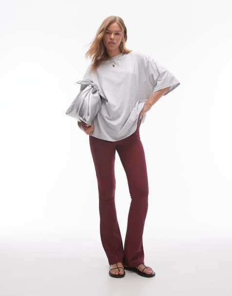 Topshop – Vinröda ribbade byxor i extra smal passform med utsvängda ben - view 1