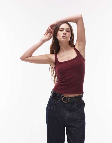 Topshop – Vinrött, ribbat linne med djup ringning och smala axelband - view 1