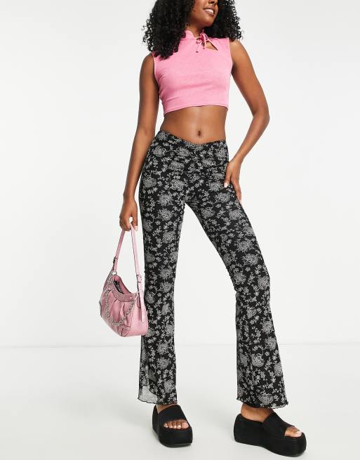 Topshop vintage floral mesh ruched front flare pants in mono, 3 of 4