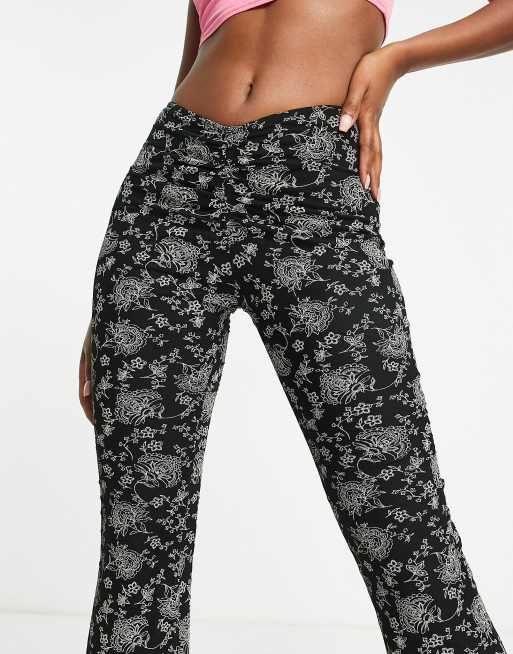 Topshop vintage floral mesh ruched front flare pants in mono, 4 of 4