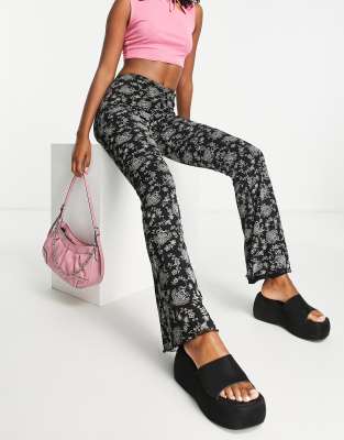 Topshop vintage floral mesh ruched front flare pants in mono - ASOS Price Checker