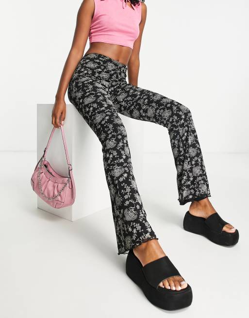 Topshop vintage floral mesh ruched front flare trouser in mono