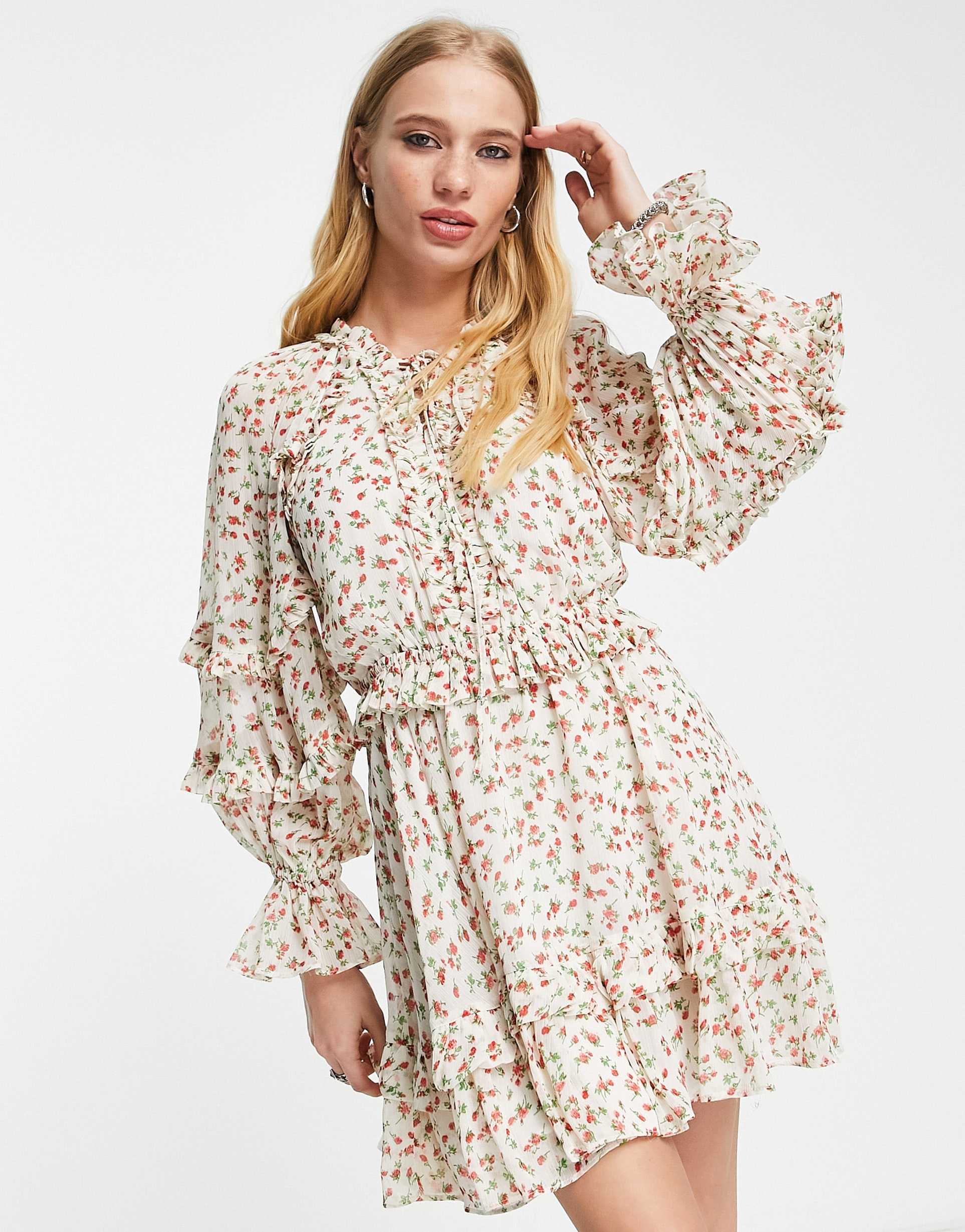 Topshop vintage floral ruffle lattice front mini dress in multi