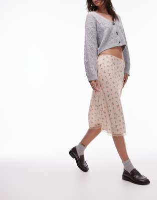 Topshop vintage lace ditsy floral 90s length bias skirt in pink