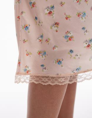 Topshop vintage lace ditsy floral 90s length bias skirt in pink