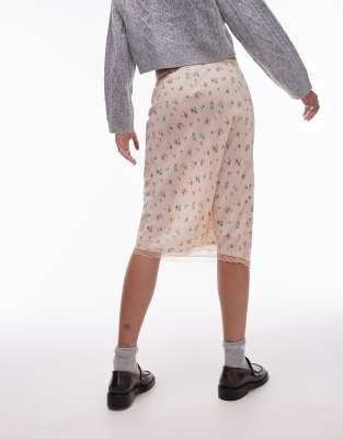 Topshop vintage lace ditsy floral 90s length bias skirt in pink