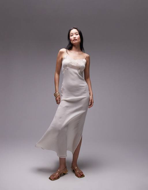 Topshop vintage lace insert midi slip dress in ivory White