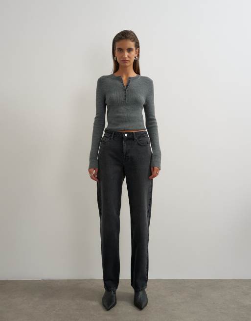 Topshop Vintage straight mid-rise jeans in washed black, 1 of 5