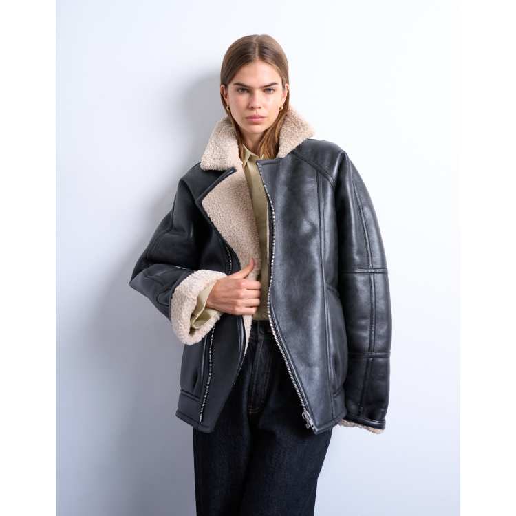 Topshop vintage wash faux shearling aviator bomber jacket in