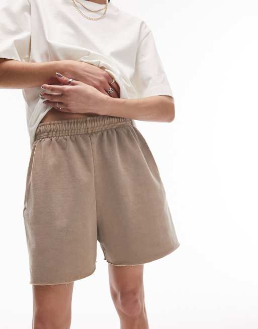 Topshop vintage wash raw hem sweat shorts in taupe part of a set