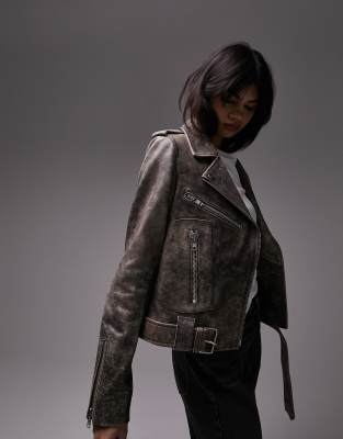 Topshop vintage wash real leather biker jacket in brown ASOS