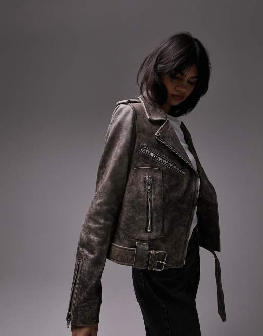 Topshop vintage wash real leather biker jacket in brown | ASOS