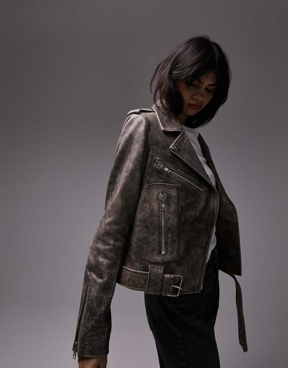 Topshop vintage wash real leather biker jacket in brown