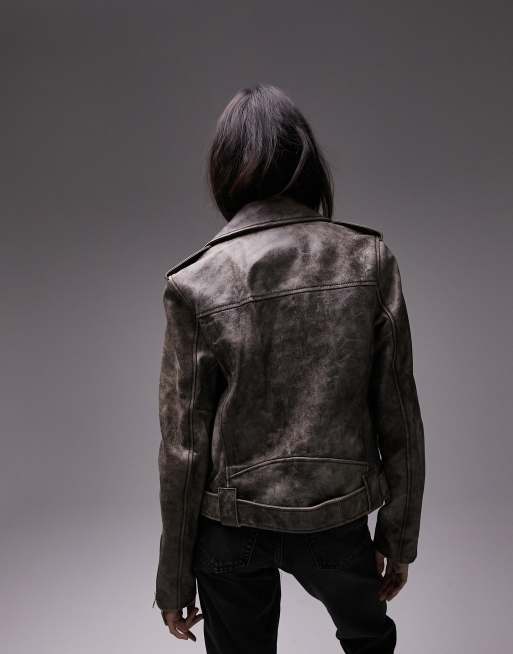 Topshop faux leather oversized biker jacket in washed brown