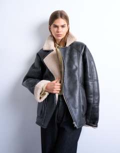 Vintage wash shearling aviator bomber in black