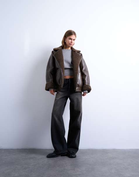Topshop vintage wash shearling aviator bomber in chocolate