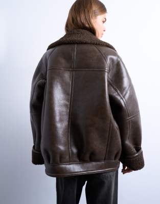 Topshop Vintage Wash Shearling Aviator Bomber Jacket In Black