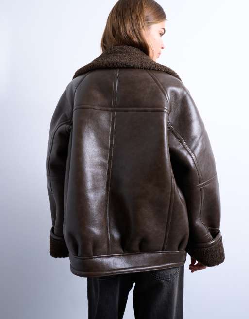Topshop vintage wash shearling aviator bomber jacket in chocolate