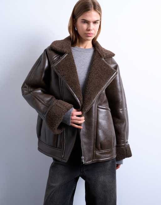 Topshop vintage wash shearling aviator bomber jacket in chocolate