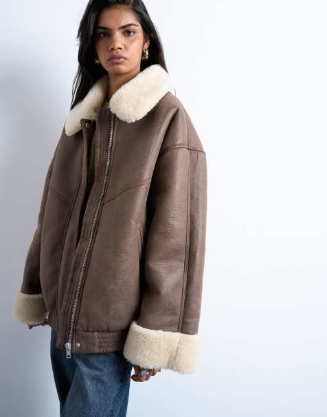 Topshop vintage washed faux shearling oversized bomber jacket in brown - view 1