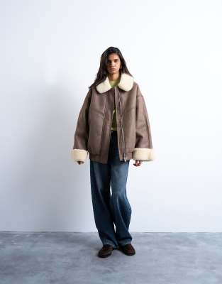 Topshop vintage washed faux shearling super oversized bomber