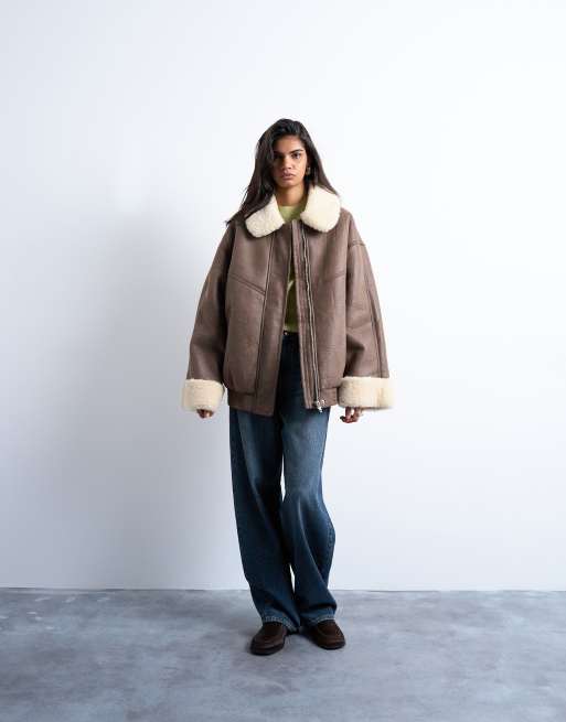 Topshop vintage washed faux shearling oversized bomber jacket in brown