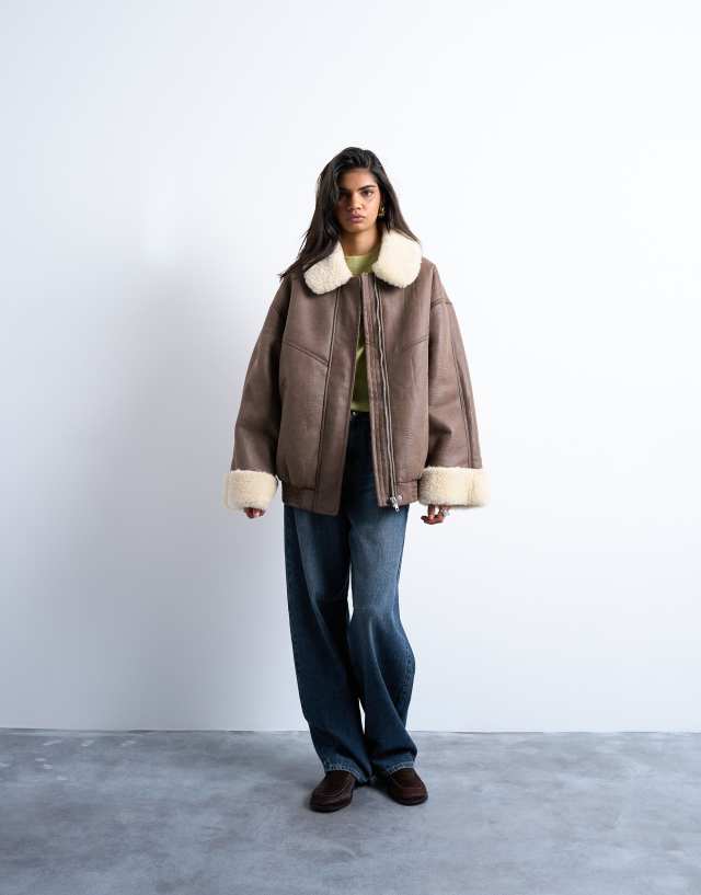 Topshop vintage washed faux shearling super oversized bomber