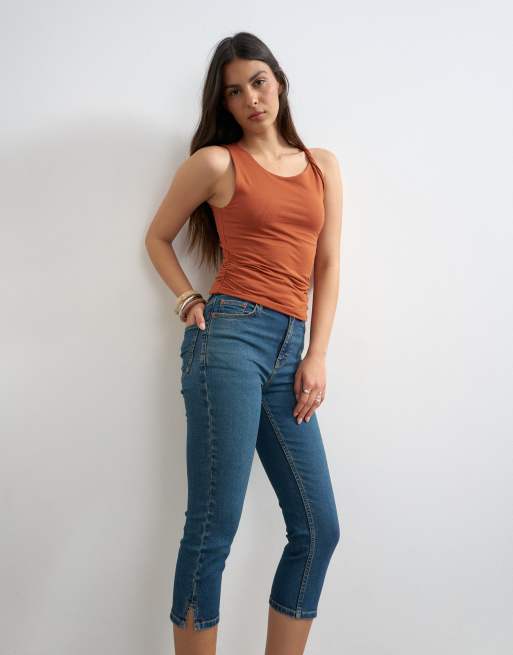 Topshop – Vintageblå capris-jeans med hög midja