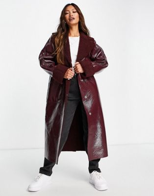 Topshop vinyl & borg long coat in burgundy