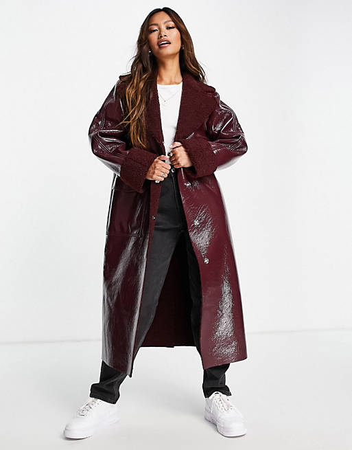 Topshop vinyl & borg long coat in burgundy | ASOS