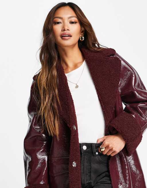 Topshop vinyl borg long coat in burgundy