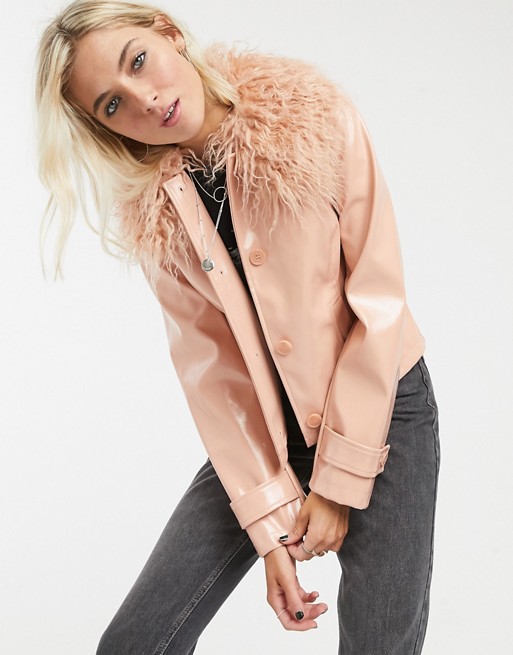 Topshop vinyl crop jacket with faux fur collar in pink