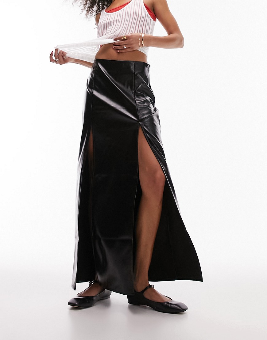 Topshop vinyl double split midi skirt in black