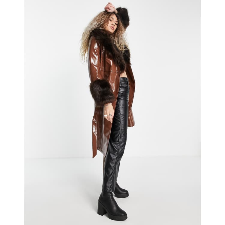 Topshop vinyl long coat with faux-fur trim in chocolate