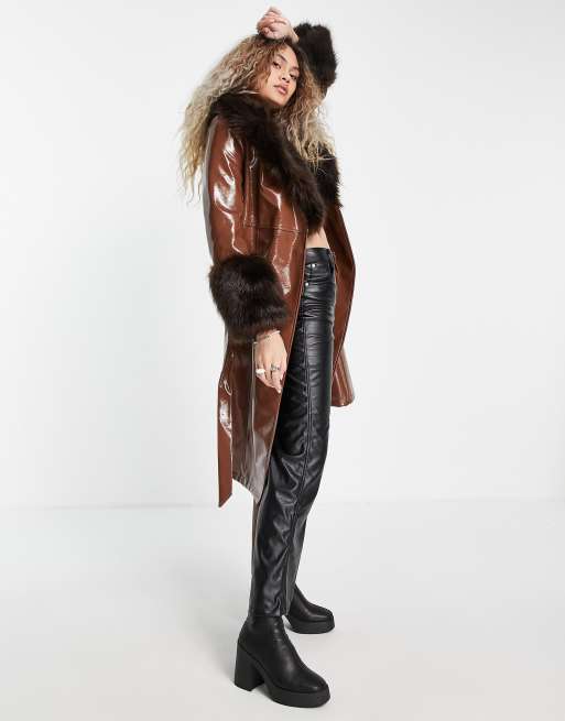 Topshop vinyl long coat with faux-fur trim in chocolate