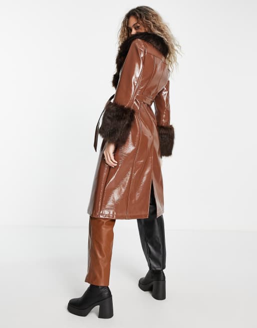 Topshop vinyl long coat with faux-fur trim in chocolate | ASOS